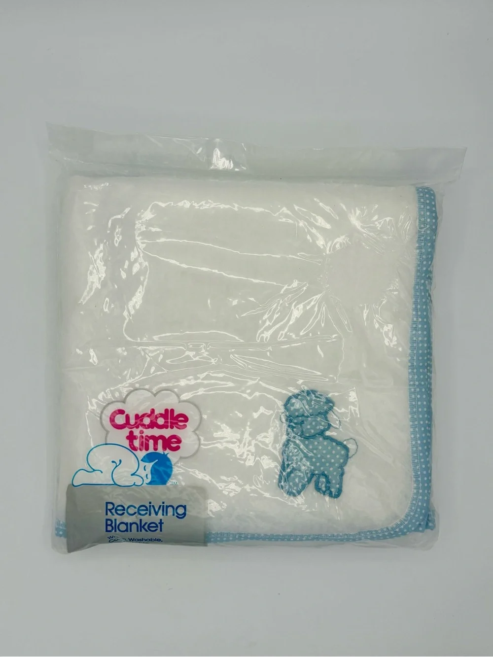 VINTAGE 90’s Baby Blanket Cuddle Time Sheep Blue Polka Dot Receiving Blanket